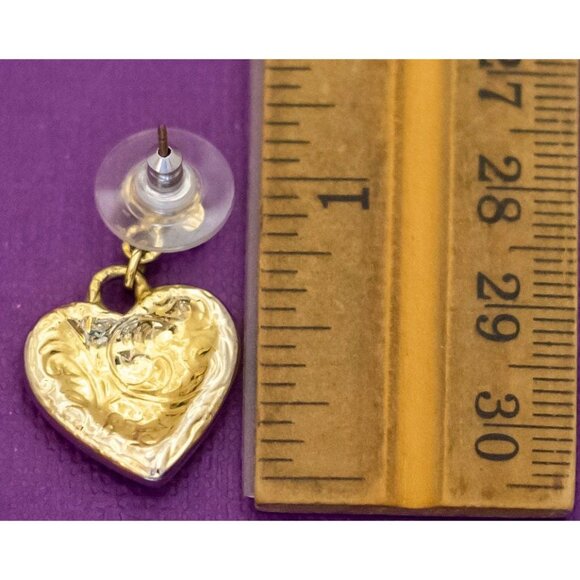 Vintage Love Heart Clear Rhinestones Gold Tone Dangle Earrings - Q42 - Picture 2 of 2